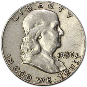Half Dollar 1959 USA Franklin mint P,  price, composition, diameter, thickness, mintage, orientation, video, authenticity, weight, Description