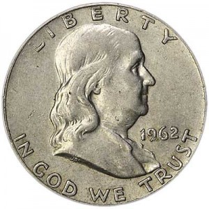 Half Dollar 1962 USA Franklin mint D,  price, composition, diameter, thickness, mintage, orientation, video, authenticity, weight, Description
