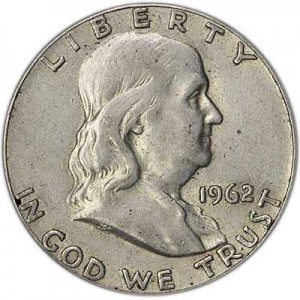 Half Dollar 1962 USA Franklin mint P,  price, composition, diameter, thickness, mintage, orientation, video, authenticity, weight, Description