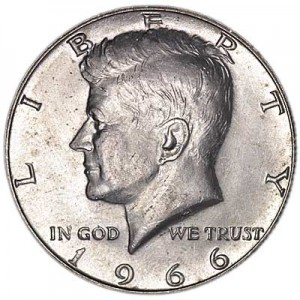 Half Dollar 1966 USA Kennedy P,  Preis, Komposition, Durchmesser, Dicke, Auflage, Gleichachsigkeit, Video, Authentizitat, Gewicht, Beschreibung