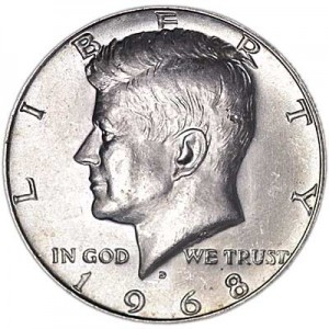 Half Dollar 1968 USA Kennedy Minze D,  Preis, Komposition, Durchmesser, Dicke, Auflage, Gleichachsigkeit, Video, Authentizitat, Gewicht, Beschreibung