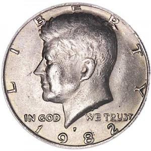 Half Dollar 1982 USA Kennedy Minze P Preis, Komposition, Durchmesser, Dicke, Auflage, Gleichachsigkeit, Video, Authentizitat, Gewicht, Beschreibung