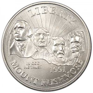 50 cents 1991 USA Mount Rushmore UNC price, composition, diameter, thickness, mintage, orientation, video, authenticity, weight, Description
