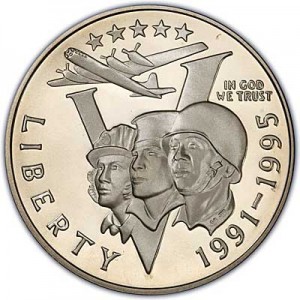 50 cents 1993 USA 50 years of the end of WW II Proof price, composition, diameter, thickness, mintage, orientation, video, authenticity, weight, Description