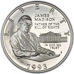 50 cents 1993 USA James Madison. Bill of rights  Proof price, composition, diameter, thickness, mintage, orientation, video, authenticity, weight, Description