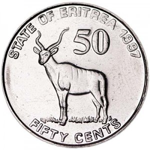 50 cents 1997 Eritrea Greater kudu price, composition, diameter, thickness, mintage, orientation, video, authenticity, weight, Description