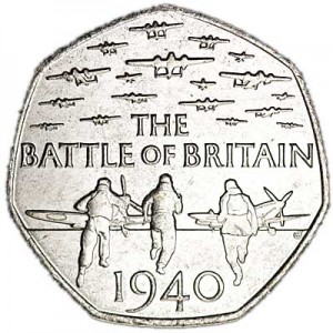 50 пенсов 2015 Великобритания 75 лет Битве за Британию, из обращения цена, стоимость