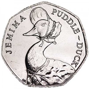 50 pence 2016 United Kingdom 150th Birthday Beatrice Potter, Jemima Puddle-Duck price, composition, diameter, thickness, mintage, orientation, video, authenticity, weight, Description