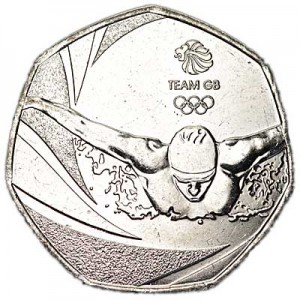 50 pence 2016 United Kingdom XXXI Summer Olympic Games, Rio de Janeiro price, composition, diameter, thickness, mintage, orientation, video, authenticity, weight, Description
