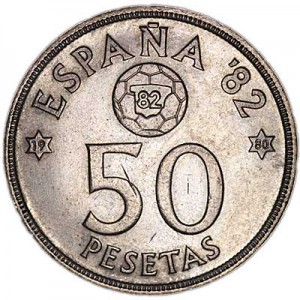 50 песет 1980 Испания, ESPANA '82, 80 внутри звезды цена, стоимость, состав, диаметр, толщина, тираж, видео, подлинность, вес, описание