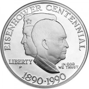 1 доллар 1990 США 100 лет Эйзенхауэру,  proof цена, стоимость
