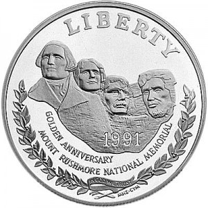 Dollar 1991 Mount Rushmore  proof price, composition, diameter, thickness, mintage, orientation, video, authenticity, weight, Description