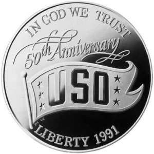 1 dollar 1991 USO , proof price, composition, diameter, thickness, mintage, orientation, video, authenticity, weight, Description