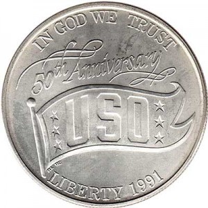 1 dollar 1991 USO , UNC price, composition, diameter, thickness, mintage, orientation, video, authenticity, weight, Description