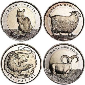 Набор монет 1 лира 2015 Турция, Фауна Турции, 4 монеты цена, стоимость