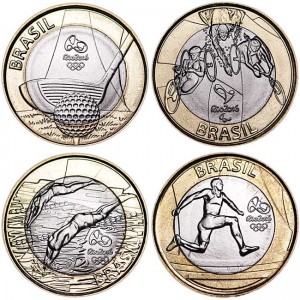 Набор 1 реал 2014 Бразилия, Олимпийские Игры Рио-де-Жанейро 2016 №1, 4 монеты цена, стоимость
