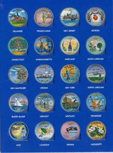 Набор цветных 25 центов 50 штатов и 6 территорий США 1999-2009, в альбоме цена, стоимость