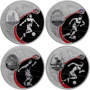 Set 3 rubles 2018 World Cup FIFA 2018 in Russia, Cities 1,  price, composition, diameter, thickness, mintage, orientation, video, authenticity, weight, Description