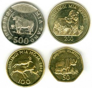 Set von Münzen Tansania, Tiere, 4 Münzen Preis, Komposition, Durchmesser, Dicke, Auflage, Gleichachsigkeit, Video, Authentizitat, Gewicht, Beschreibung