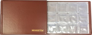 Album for coins, 72 cell, 6 sheets. The size of the cells - 45x45 mm (burgundy)