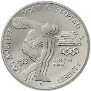 Dollar 1983 Discus thrower,  UNC price, composition, diameter, thickness, mintage, orientation, video, authenticity, weight, Description