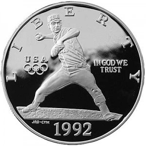 1 доллар 1992 XXV Олимпиада, Бейсбол,  proof цена, стоимость