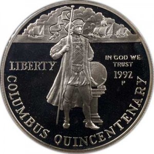 Dollar 1992 Christopher Columbus Quincentenary  proof price, composition, diameter, thickness, mintage, orientation, video, authenticity, weight, Description