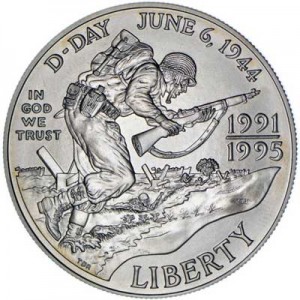 1 dollar 1993 D-Day 50th Anniversary World War II , UNC price, composition, diameter, thickness, mintage, orientation, video, authenticity, weight, Description