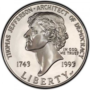1 dollar 1993 USA Thomas Jefferson 250th Anniversary  proof price, composition, diameter, thickness, mintage, orientation, video, authenticity, weight, Description