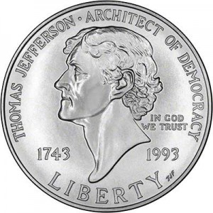 Dollar 1993 Thomas Jefferson 250th Anniversary  UNC price, composition, diameter, thickness, mintage, orientation, video, authenticity, weight, Description