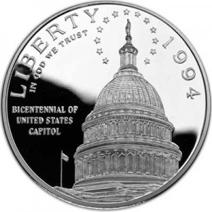 Dollar 1994 Bicentennial of the U.S. Capitol  proof price, composition, diameter, thickness, mintage, orientation, video, authenticity, weight, Description