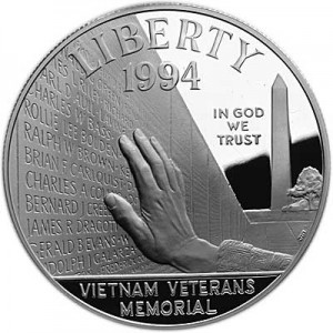Dollar 1994 the Vietnam Veterans Memorial  proof price, composition, diameter, thickness, mintage, orientation, video, authenticity, weight, Description
