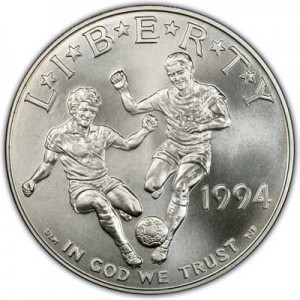 Dollar 1994 USA World Cup,  UNC price, composition, diameter, thickness, mintage, orientation, video, authenticity, weight, Description