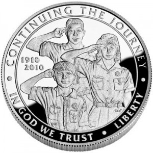 Dollar 2010 Boy scouts of America Centennial  proof price, composition, diameter, thickness, mintage, orientation, video, authenticity, weight, Description