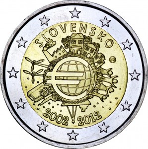 2 euro 2012, 10 years of Euro, Slovakia  price, composition, diameter, thickness, mintage, orientation, video, authenticity, weight, Description
