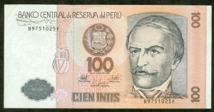 Banknote, 100 Inti, 1987, Peru, XF