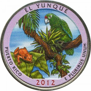 Quarter Dollar 2012 USA "El Yunque" 11th National Park, colorized price, composition, diameter, thickness, mintage, orientation, video, authenticity, weight, Description
