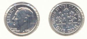 10 центов 1961 США Рузвельт, пруф,  цена, стоимость