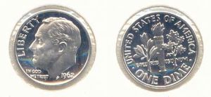 10 центов 1962 США Рузвельт, пруф,  цена, стоимость