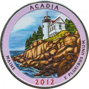 Quarter Dollar 2012 USA "Acadia" 13th National Park, colorized price, composition, diameter, thickness, mintage, orientation, video, authenticity, weight, Description