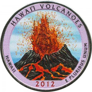 25 cents Quarter Dollar 2012 USA Hawaii Volcanoes 14th National Park, colorized