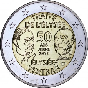 2 euro 2013 Germany  Elysée Treaty, mint mark F price, composition, diameter, thickness, mintage, orientation, video, authenticity, weight, Description