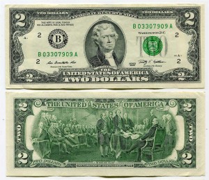 2 Dollar 2009 USA (B), banknote aus dem Verkehr, Preis, Wert