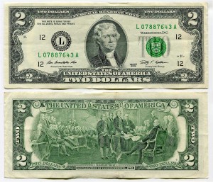 2 Dollar 2009 USA (L), banknote aus dem Verkehr