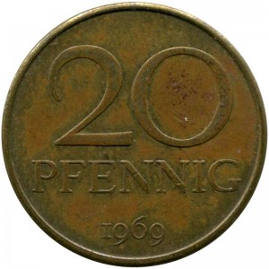 20 pfennig 1969 Germany GDR price, composition, diameter, thickness, mintage, orientation, video, authenticity, weight, Description