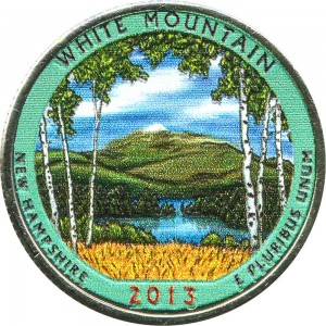 Quarter Dollar 2013 USA "White Mountain" 16th National Park, colorized price, composition, diameter, thickness, mintage, orientation, video, authenticity, weight, Description