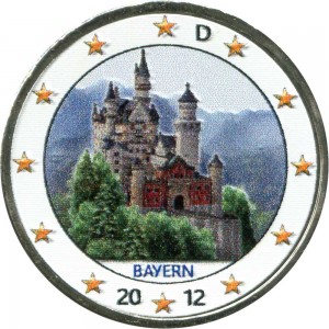 2 euro 2012 Germany, Bavaria, Neuschwanstein Castle, colorized price, composition, diameter, thickness, mintage, orientation, video, authenticity, weight, Description