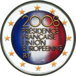 2 euro 2008, France, Presidency of the Council of the European Union, color price, composition, diameter, thickness, mintage, orientation, video, authenticity, weight, Description