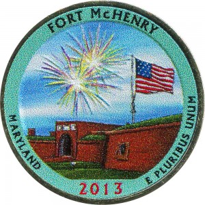 Quarter Dollar 2013 USA Ft McHenry 19th National Park, colorized price, composition, diameter, thickness, mintage, orientation, video, authenticity, weight, Description