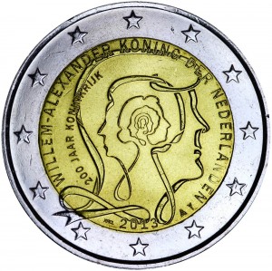 2 евро 2013 Нидерланды, 200-летие Королевства цена, стоимость